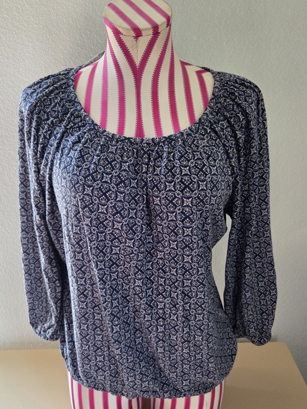 Michael Kors Navy Geometric Long Sleeve Scoop Neck Top